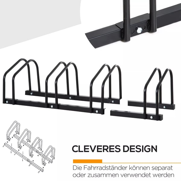 HOMCOM Cykelstativ til 4 cykler, stål, sort, vejrbestandigt, væg- og gulvmontering, 110x33x27cm