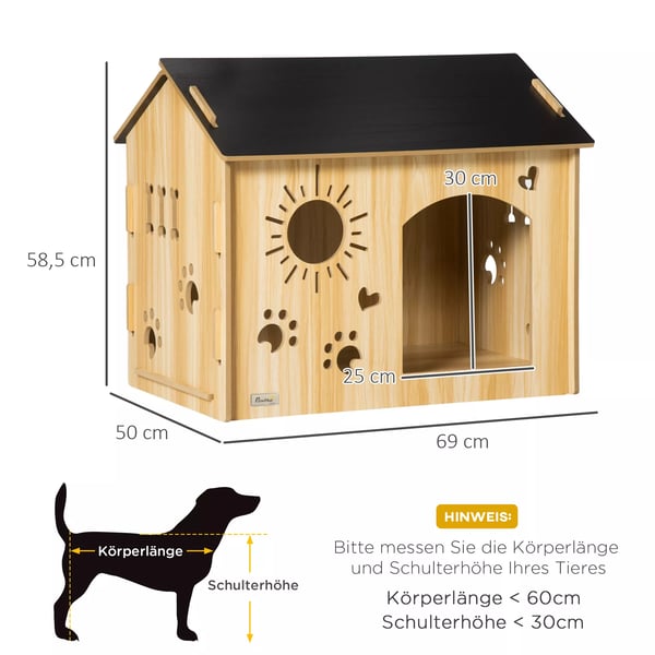 Hundehus i MDF, Eg/Sort - Vejrbestandigt og Ventileret hundehus Indendørs, 69x50x58,5 cm