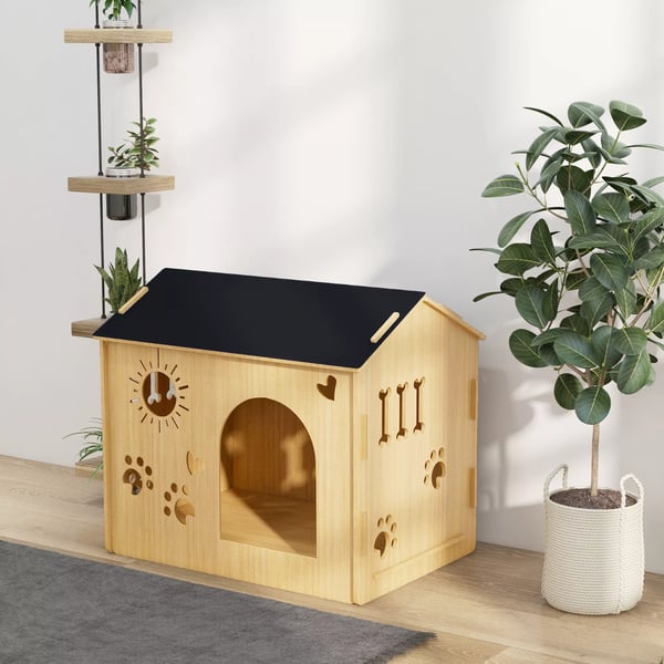 Hundehus i MDF, Eg/Sort - Vejrbestandigt og Ventileret hundehus Indendørs, 69x50x58,5 cm