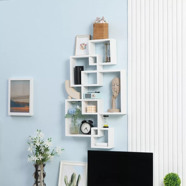 HOMCOM væghylde, svævehylde, vægopbevaring med 5 terninger og 9 rum, grantræ, hvid, 49,5x10,2x86 cm