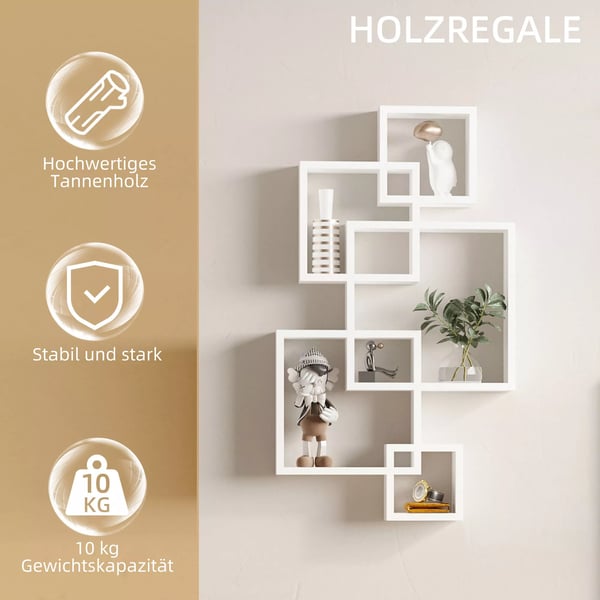 HOMCOM væghylde, svævehylde, vægopbevaring med 5 terninger og 9 rum, grantræ, hvid, 49,5x10,2x86 cm