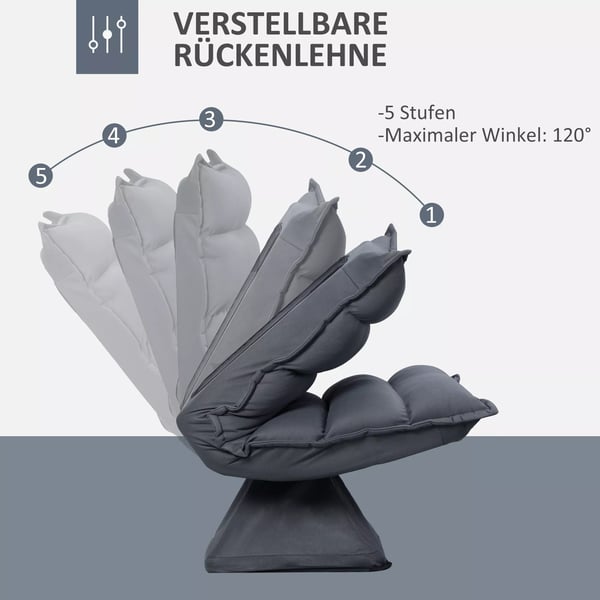 HOMCOM Drejelig Gulvstol med 360° sokkel og 5-trins justerbar ryg, stål, mørkegrå, mikrofiber