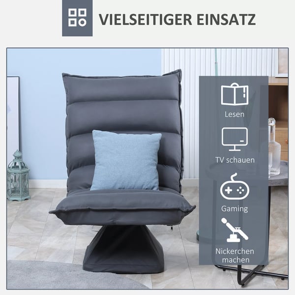 HOMCOM Drejelig Gulvstol med 360° sokkel og 5-trins justerbar ryg, stål, mørkegrå, mikrofiber