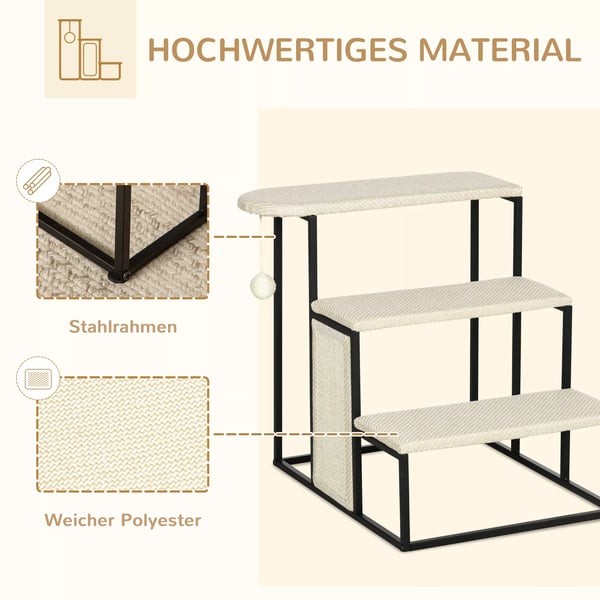 PawHut Kæledyrstrappe 3-trins med Kradsebræt og Legebold - Stål, Sisal, Creme+Sort, 51x54x53cm