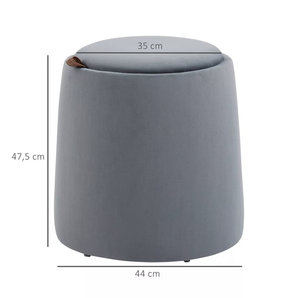 HOMCOM Rund Opbevaringsskammel i fløjl, grå - 44x47.5cm - Multifunktionel med aftageligt låg og skjult rum - Holdbart polyesterstof