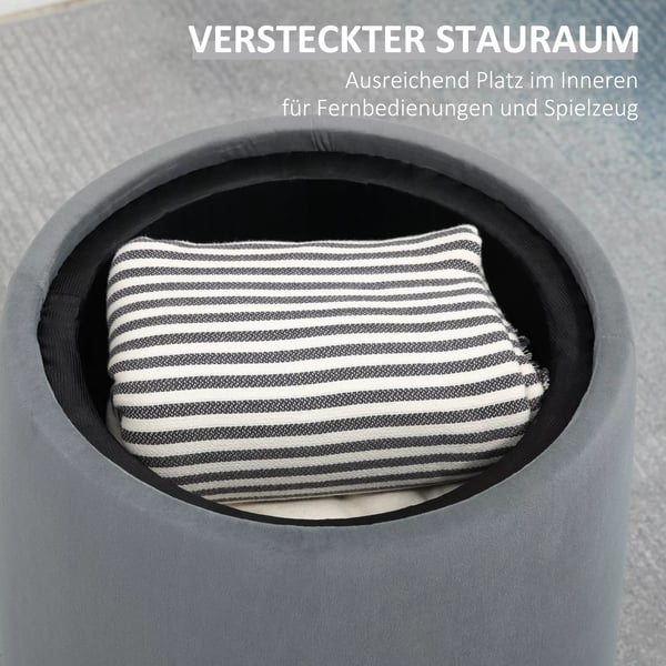 HOMCOM Rund Opbevaringsskammel i fløjl, grå - 44x47.5cm - Multifunktionel med aftageligt låg og skjult rum - Holdbart polyesterstof