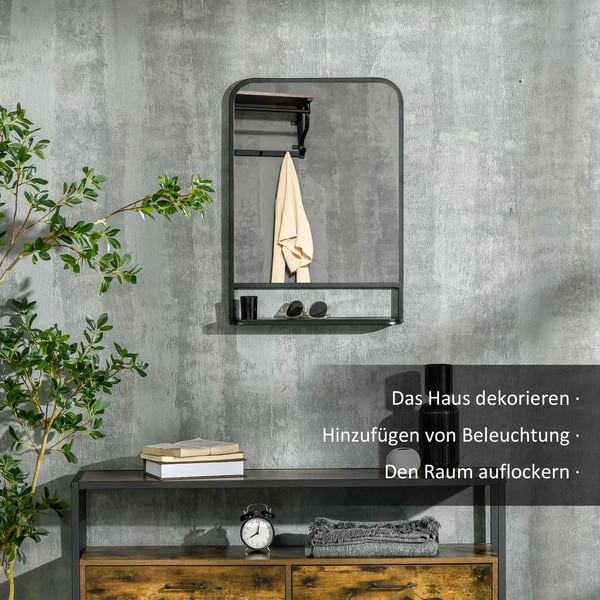 HOMCOM vægspejl med hylde 70x50cm, moderne, elegant, til stue, rektangulært, sort