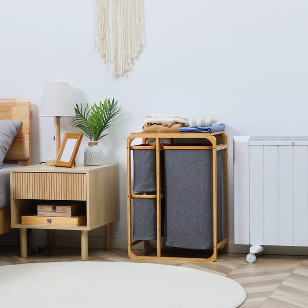 HOMCOM Bambu pyykkikori alustalla, 3 irrotettavaa pussia, lajittelija, harmaa+luonnollinen, 50x32x69.7cm
