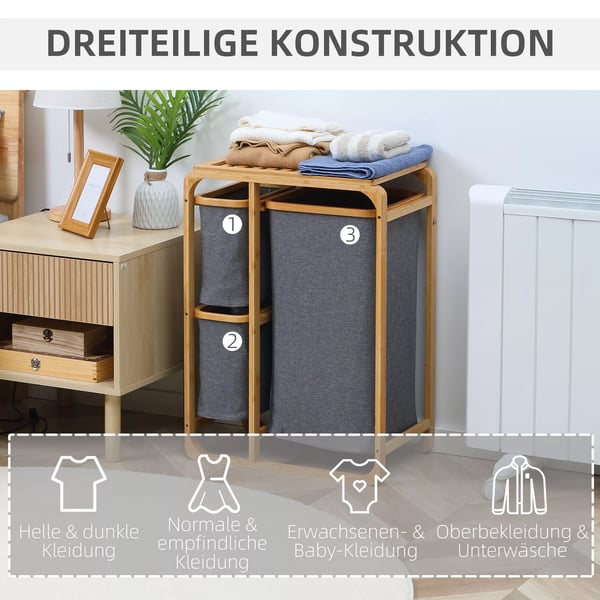 HOMCOM Bambu pyykkikori alustalla, 3 irrotettavaa pussia, lajittelija, harmaa+luonnollinen, 50x32x69.7cm