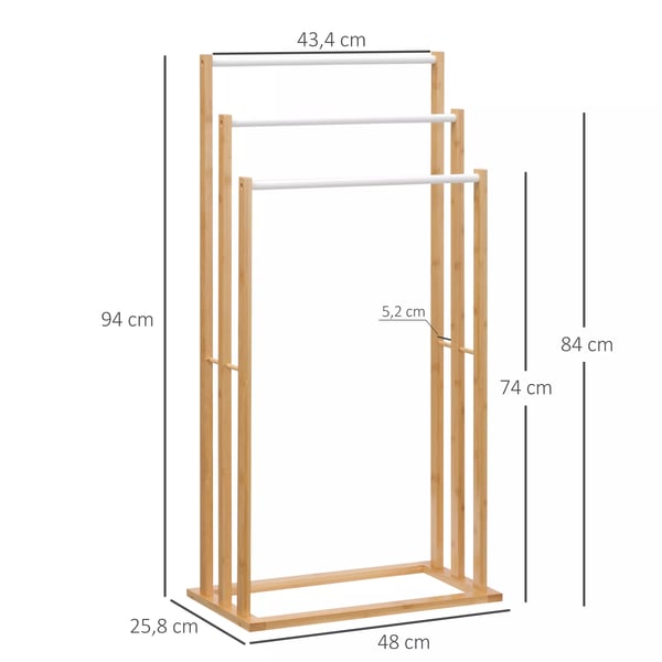 HOMCOM Vapaasti seisova pyyheteline, 3 tankoa, bambu, luonnollinen väri, 48x25.8x94cm