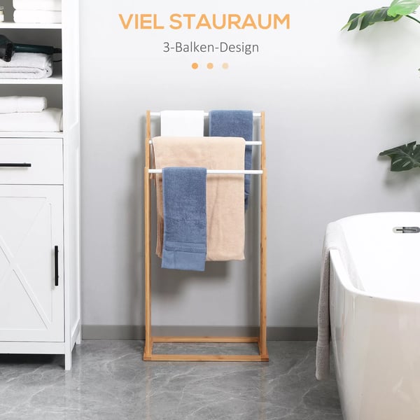 HOMCOM Vapaasti seisova pyyheteline, 3 tankoa, bambu, luonnollinen väri, 48x25.8x94cm