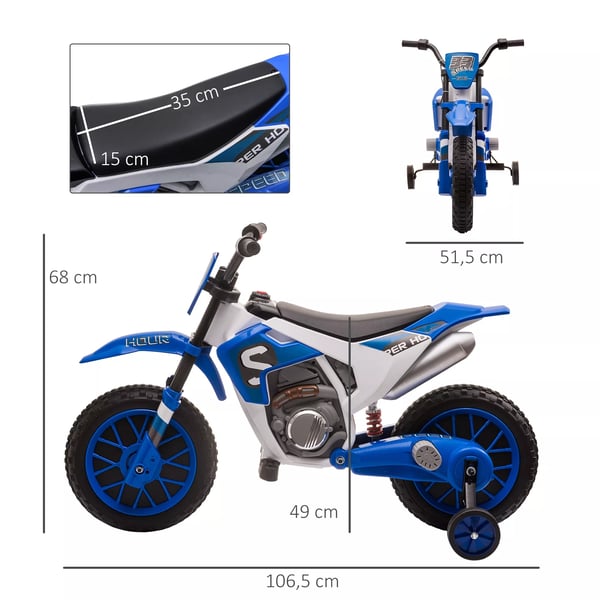 HOMCOM Børne Elmotorcykel 12V, Blå/Hvid, PP & Metal m/Støttehjul, Fra 3 år
