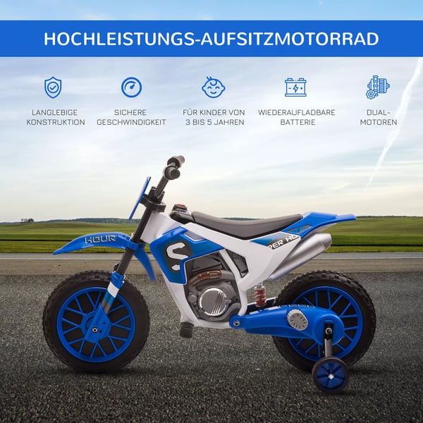 HOMCOM Børne Elmotorcykel 12V, Blå/Hvid, PP & Metal m/Støttehjul, Fra 3 år