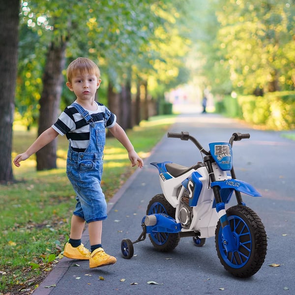 HOMCOM Børne Elmotorcykel 12V, Blå/Hvid, PP & Metal m/Støttehjul, Fra 3 år