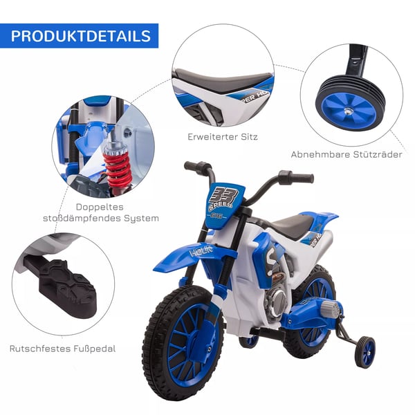 HOMCOM Børne Elmotorcykel 12V, Blå/Hvid, PP & Metal m/Støttehjul, Fra 3 år