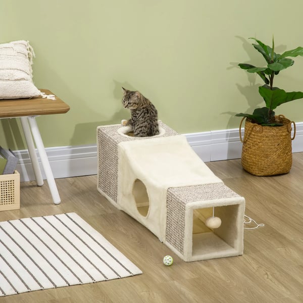 PawHut kattetunnel med legekugle katteligtøj, legetunnel af sisal, brun+beige, 98x30x30 cm