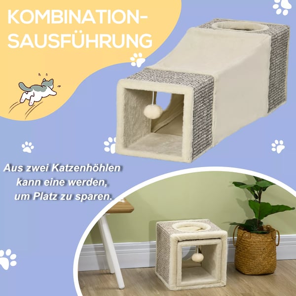 PawHut kattetunnel med legekugle katteligtøj, legetunnel af sisal, brun+beige, 98x30x30 cm