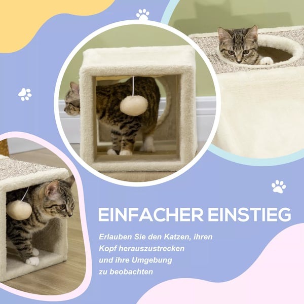 PawHut kattetunnel med legekugle katteligtøj, legetunnel af sisal, brun+beige, 98x30x30 cm