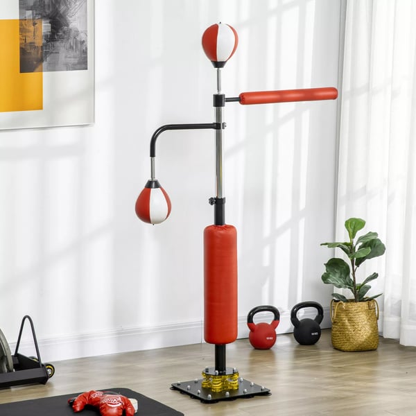 Træningsboksestativ med 2 Speedballs og Refleksstang, Justerbar Højde 140-205cm, Stål/Kunstlæder, Sort/Rød/Hvid