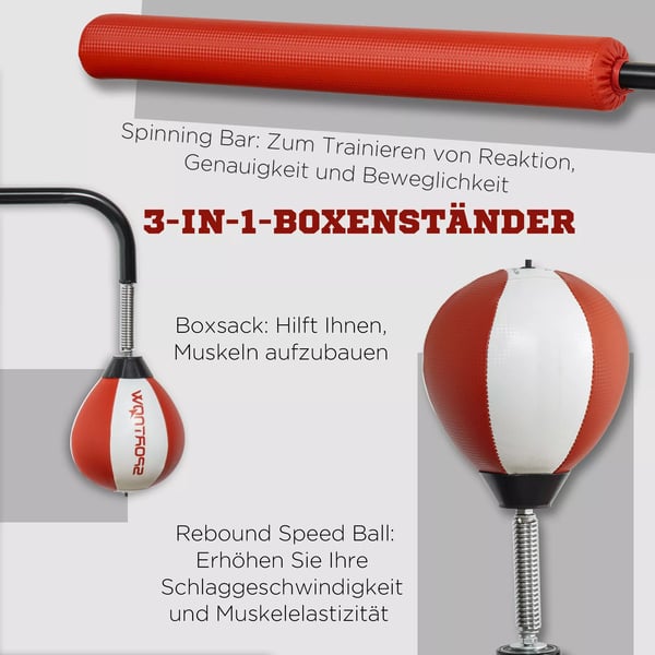 Træningsboksestativ med 2 Speedballs og Refleksstang, Justerbar Højde 140-205cm, Stål/Kunstlæder, Sort/Rød/Hvid