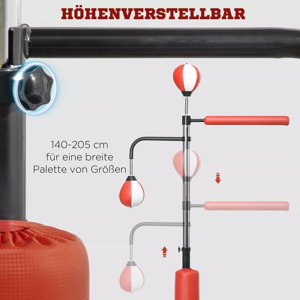 Træningsboksestativ med 2 Speedballs og Refleksstang, Justerbar Højde 140-205cm, Stål/Kunstlæder, Sort/Rød/Hvid
