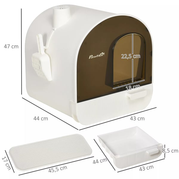 PawHut kattebakke med låg, toilet til katte op til 5 kg, inkl. låg, måtte til kattegrus, plast, hvid, 43x44x47 cm