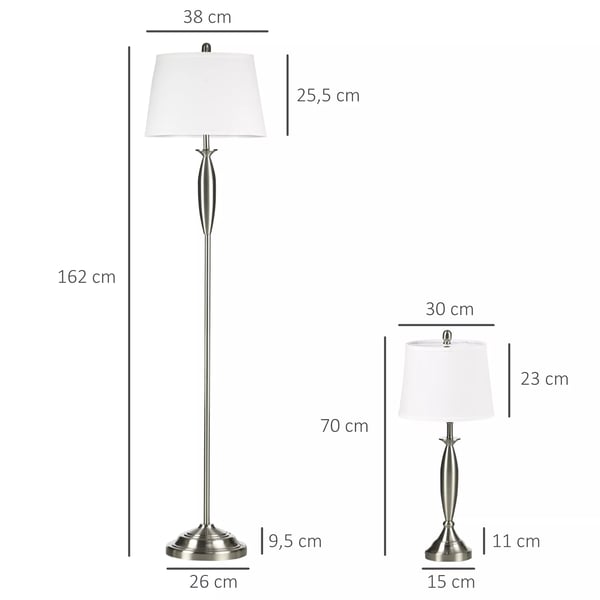 HOMCOM 3-delt lampe sæt: Gulvlampe og 2 bordlamper, E27, stue/soveværelse, sølv+hvid, stål/linned
