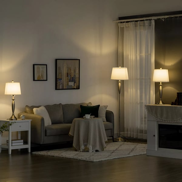 HOMCOM 3-delt lampe sæt: Gulvlampe og 2 bordlamper, E27, stue/soveværelse, sølv+hvid, stål/linned