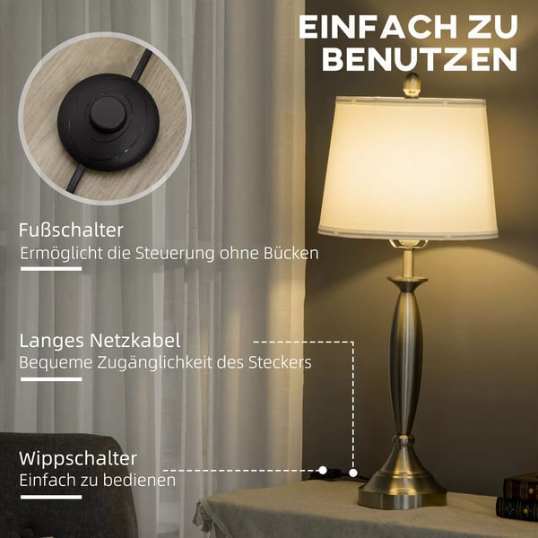 HOMCOM 3-delt lampe sæt: Gulvlampe og 2 bordlamper, E27, stue/soveværelse, sølv+hvid, stål/linned