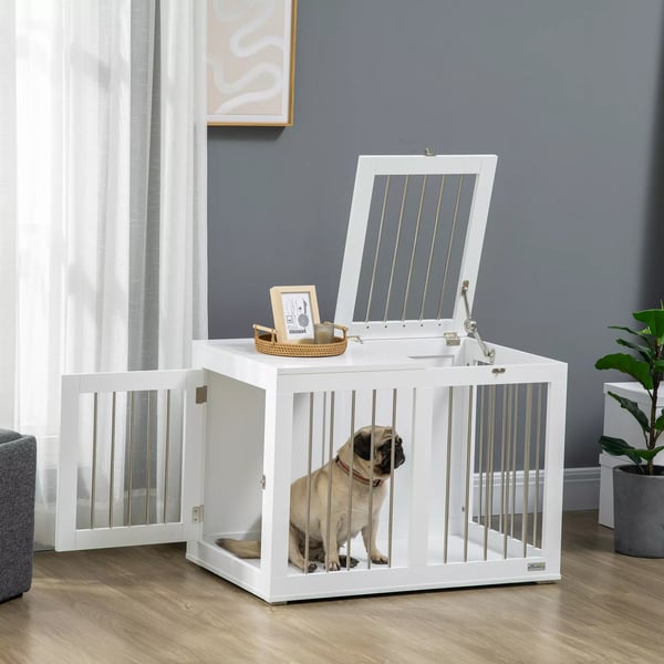 PawHut Hundebur til mellemstore hunde, Hvidt Hundehus af stål og MDF, 80 x 50 x 56,5 cm