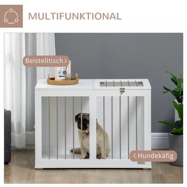 PawHut Hundebur til mellemstore hunde, Hvidt Hundehus af stål og MDF, 80 x 50 x 56,5 cm