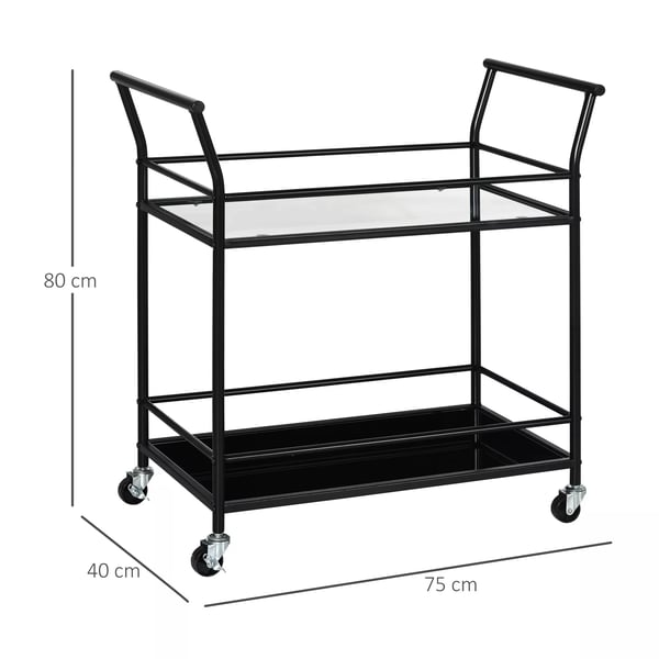 HOMCOM køkkenvogn, rullebord, serveringsvogn med 2 hylder, trolley, sidevogn på hjul, opbevaringsvogn i metal, sort, 75 x 40 x 80 cm