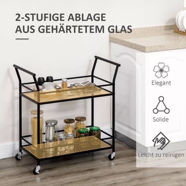 HOMCOM køkkenvogn, rullebord, serveringsvogn med 2 hylder, trolley, sidevogn på hjul, opbevaringsvogn i metal, sort, 75 x 40 x 80 cm