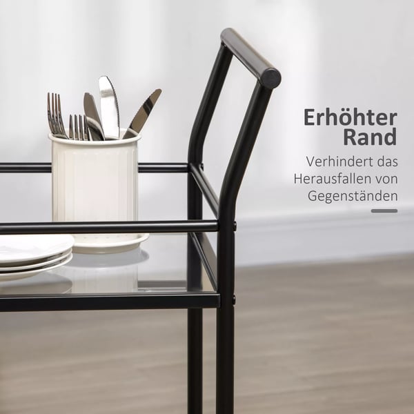 HOMCOM køkkenvogn, rullebord, serveringsvogn med 2 hylder, trolley, sidevogn på hjul, opbevaringsvogn i metal, sort, 75 x 40 x 80 cm