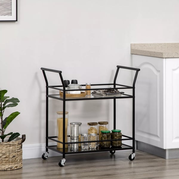 HOMCOM køkkenvogn, rullebord, serveringsvogn med 2 hylder, trolley, sidevogn på hjul, opbevaringsvogn i metal, sort, 75 x 40 x 80 cm