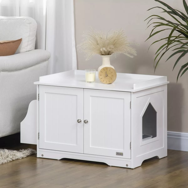 PawHut Kattebakke Skab med Indbygget Toilet og Opbevaring, Hvid MDF 86x48x52cm