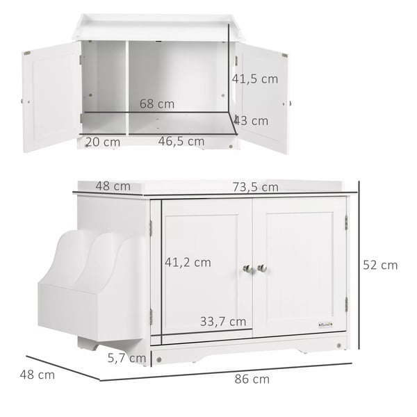 PawHut Kattebakke Skab med Indbygget Toilet og Opbevaring, Hvid MDF 86x48x52cm