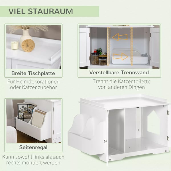 PawHut Kattebakke Skab med Indbygget Toilet og Opbevaring, Hvid MDF 86x48x52cm