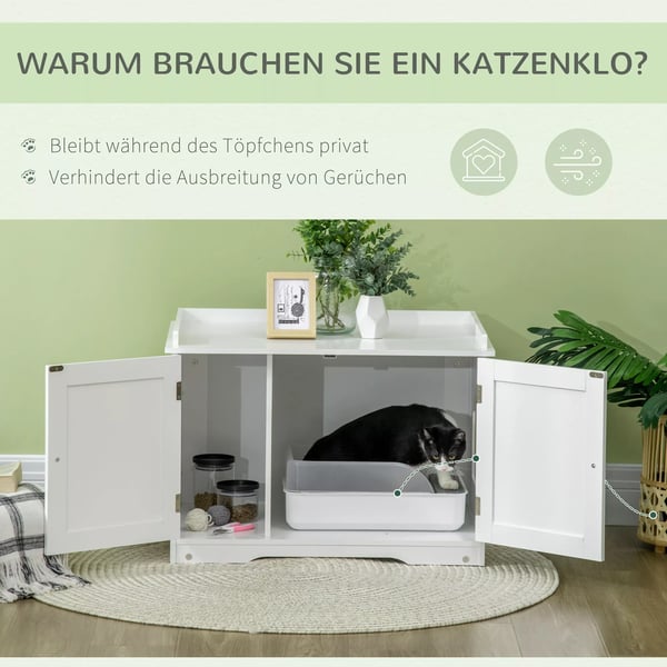 PawHut Kattebakke Skab med Indbygget Toilet og Opbevaring, Hvid MDF 86x48x52cm