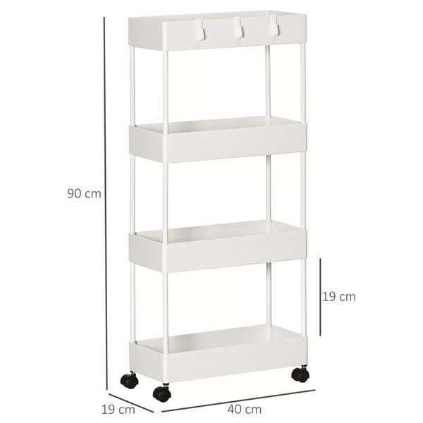 HOMCOM keittiövaunu, 4 tasoa, säilytyshylly pyörillä, teräs/ABS, valkoinen