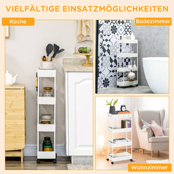 HOMCOM keittiövaunu, 4 tasoa, säilytyshylly pyörillä, teräs/ABS, valkoinen