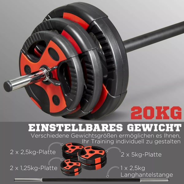 SPORTNOW Justerbar Vfgtstangsft 20 kg - Sort/Rød metal/plast med skridsikkert greb til hjemmetræning, gulvbeskyttende