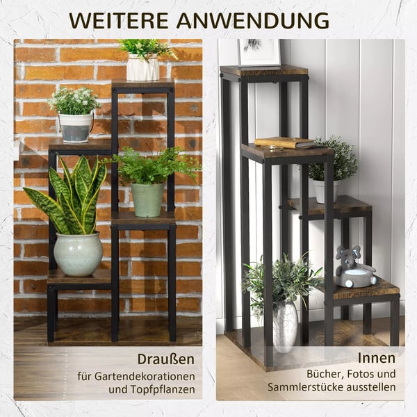 Outsunny blomsterstativ, plantestativ med 4 hylder, multifunktionel plantehylde, brun, 40x40x81cm