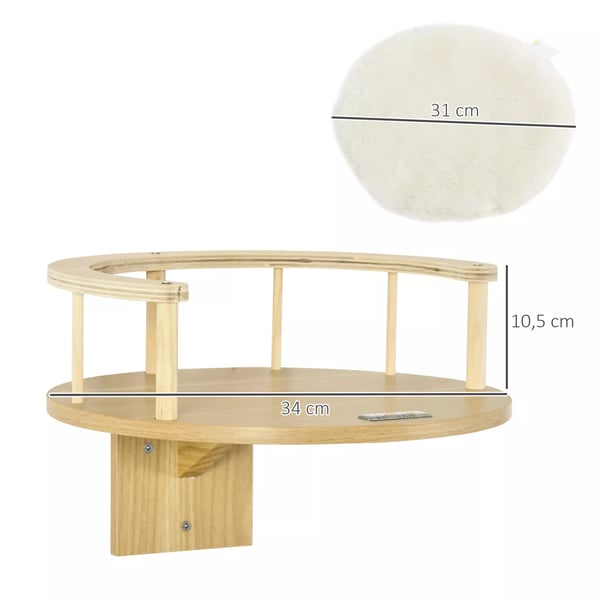 PawHut Vægmonteret Katteleje med Pude - Ø34x10.5 cm Eg/Cremefarvet