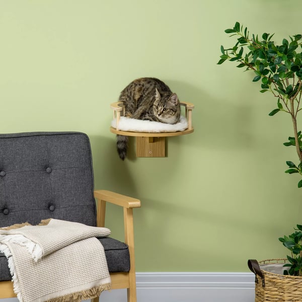 PawHut Vægmonteret Katteleje med Pude - Ø34x10.5 cm Eg/Cremefarvet