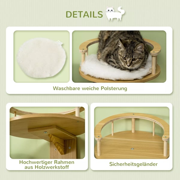 PawHut Vægmonteret Katteleje med Pude - Ø34x10.5 cm Eg/Cremefarvet