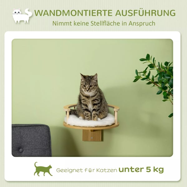 PawHut Vægmonteret Katteleje med Pude - Ø34x10.5 cm Eg/Cremefarvet