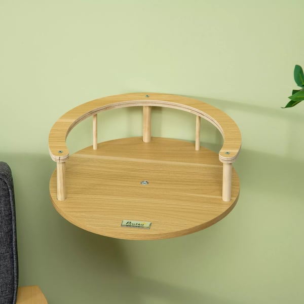 PawHut Vægmonteret Katteleje med Pude - Ø34x10.5 cm Eg/Cremefarvet