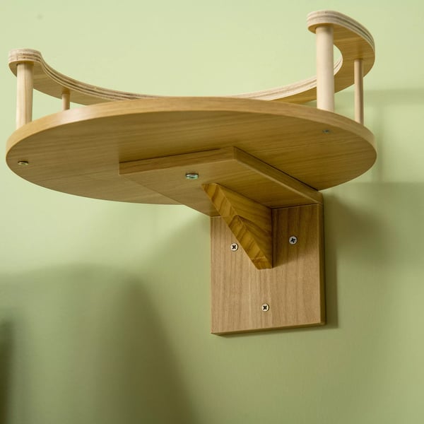 PawHut Vægmonteret Katteleje med Pude - Ø34x10.5 cm Eg/Cremefarvet