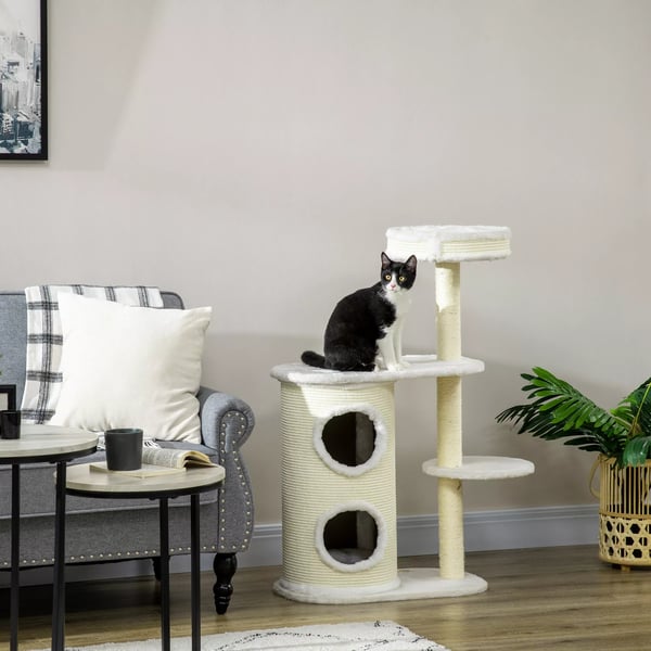 PawHut kradsetræ 100 cm, sisal, cremefarvet, med hule og legbold